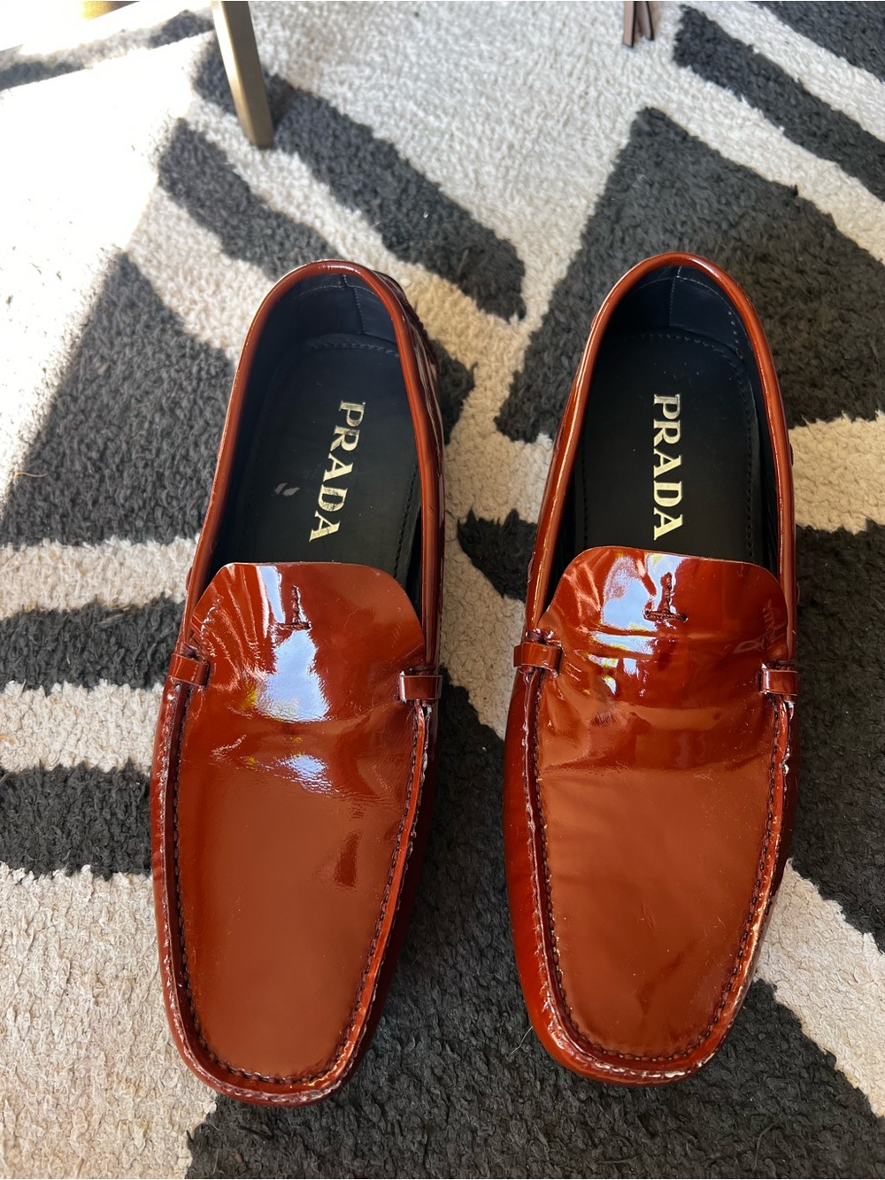 Prada Men’s Glossy Burnt Orange Patent Leather Loafers - Picture 1 of 2